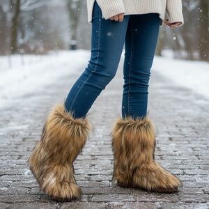 SHEIN Faux Fur Boot Slippers in Brown and Tan